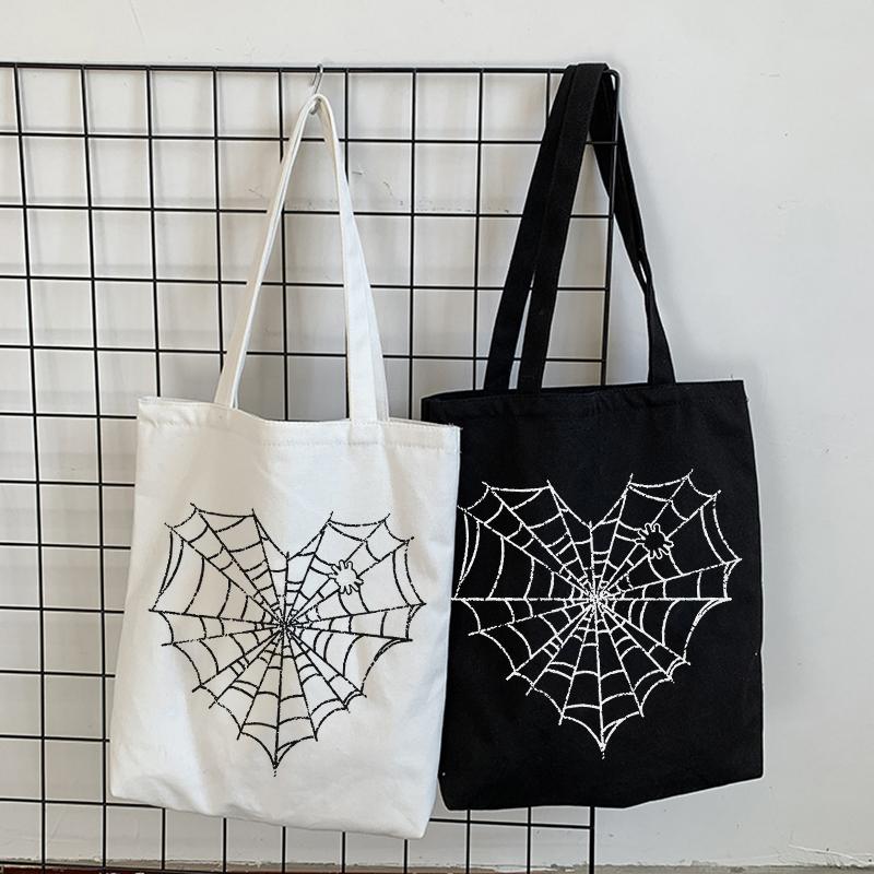 Aidegou20 Japanse gothic anime spinnenweb print canvas tas casual Vintage grote capaciteit y2k vrouwen schoudertas punk hip hop boodschappentas 34*42cm