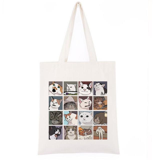 Aidegou20 Meme Katten Puzzel Boodschappentassen Voor Vrouwen Harajuku Print Mode Koreaanse Vintage Canvas Tote Nieuwe Handtassen Grote capaciteit 29*32cm wit