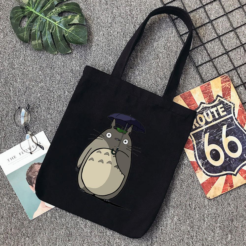 Aidegou17 Fat Totoro Leuke Print Herbruikbare Boodschappentas Dames Tote Bags Afdrukken Eco Bag Cartoon Shopper Vintage Zwarte Schouder Canvas Tassen 31*36cm