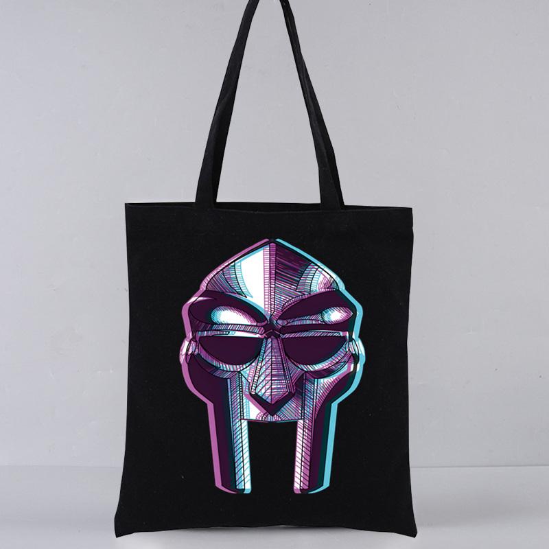 Aidegou32 MF Doom Rapper Gladiator Madvillain Mode Winkelen Zwarte Zakken Canvas Draagtas Herbruikbare Doek Tas Handtas Schoudertassen 34*42cm