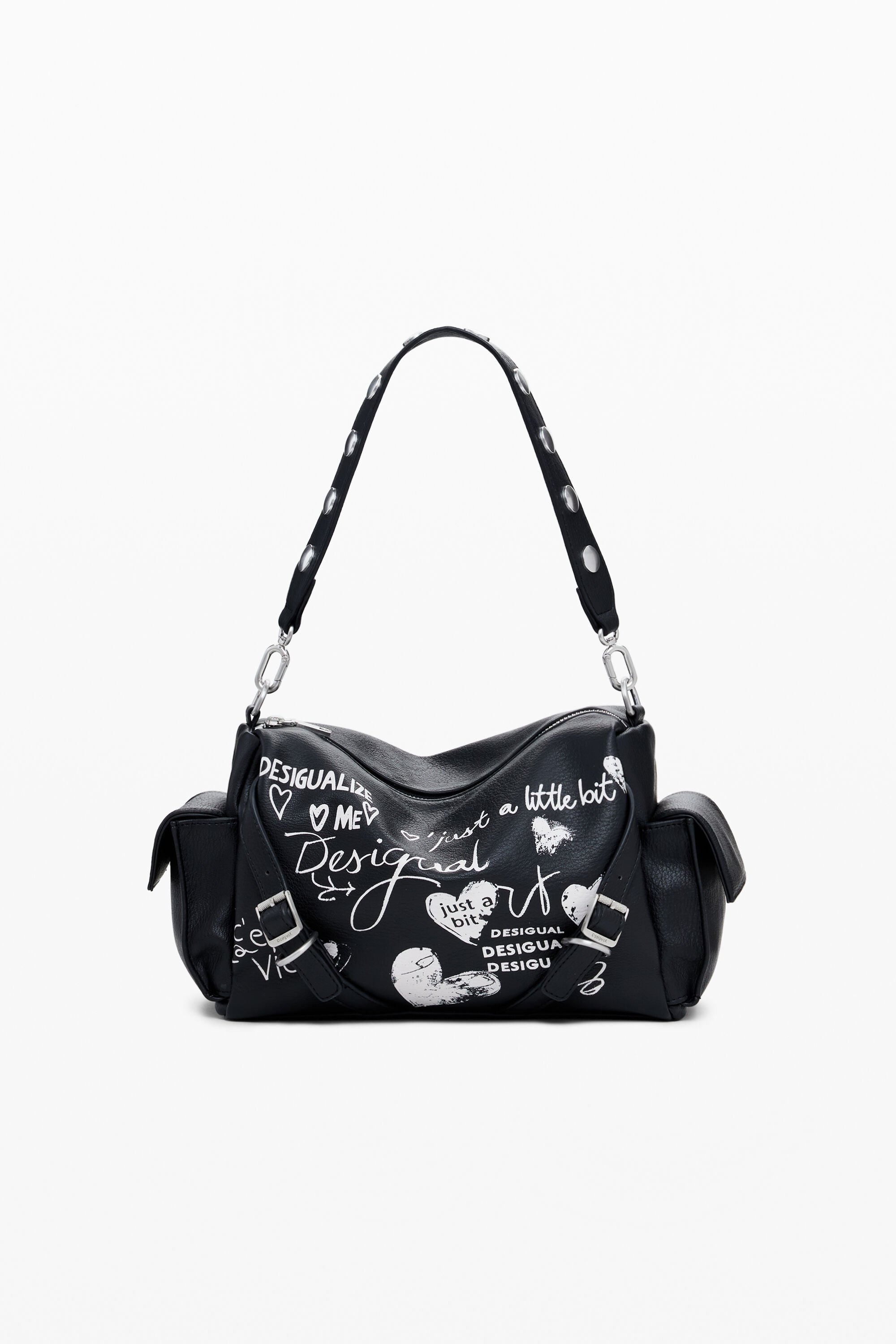 Desigual Middelgrote bowlingtas met leerlook en letters - BLACK