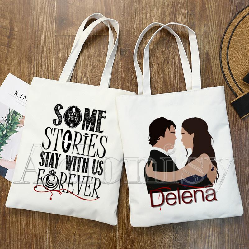 Aidegou20 The Vampire Diaries Grappige Boodschappentas Grafische Tote Harajuku Vrouwen Canvas Schoudertas Vrouwelijke Ulzzang Eco Grote Capaciteit 31*36cm