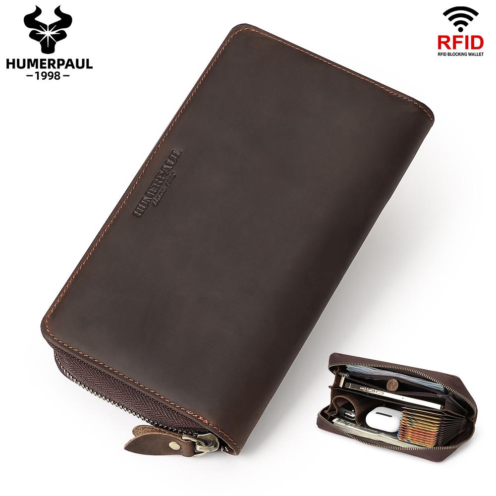 Humerpaul Echt lederen herenportemonnee Rfid clutch met grote capaciteit, tas voor mobiele telefoon, modekaarttas koffie