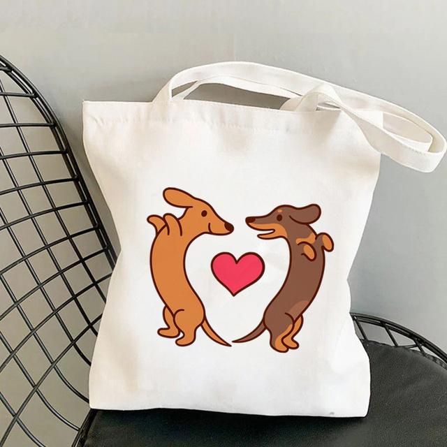 Aidegou20 Shopper Bruine Teckel met Harten in liefde Tote Bag vrouwen Harajuku shopper handtas meisje Schouder boodschappentas Lady Canvas Bag 24*26cm