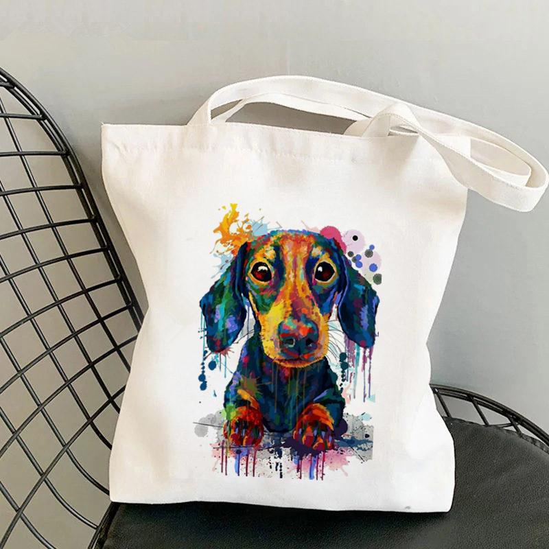 Aidegou20 Shopper Bruine Teckel met Harten in liefde Tote Bag vrouwen Harajuku shopper handtas meisje Schouder boodschappentas Lady Canvas Bag 34*42cm