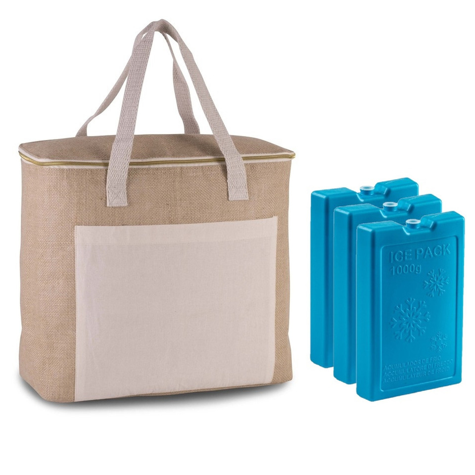 Kimood Grote koeltas jute/canvas 20 liter en x 32 x 16 cm met 3x stuks koelelementen blauw -