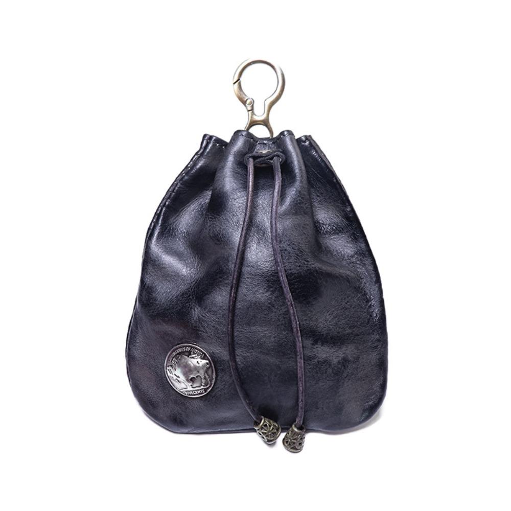 Xiangdashiye with Keyring Genuine Leather Coin Purse Jewelry Pouch Drawstring Wallet Hanging Money Bag  Men zwart