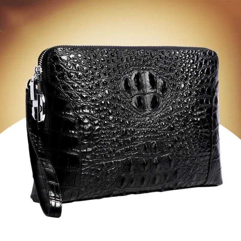 WTEMPO Handtas van krokodillenleer, herenleren portemonnee met grote capaciteit, luxe herentas, maptas, enveloptas, lichte luxe clutch met wachtwoordslot 28cm*6cm*19cm zwart