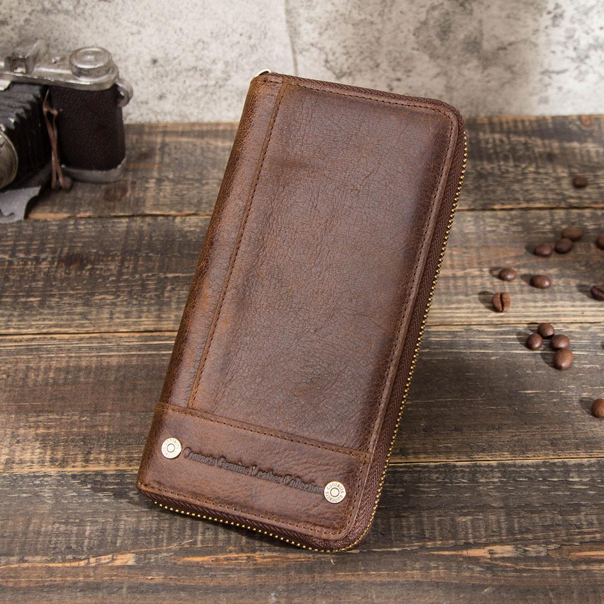 CONTACTS CONTACTEN Portemonnee voor mannen Echt leren clutch portemonnee Mannen Casual lange portemonnee met rits Telefoonvak Grote capaciteit RFID-kaarthouder koffie
