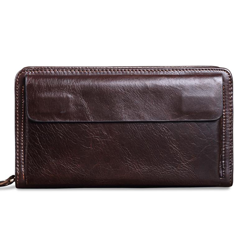 MISFITS Koeienhuid Heren Clutch Portemonnees Echt Leer Lange Portemonnees Zakelijke Grote Capaciteit Portemonnee Dubbele Rits Telefoontas Voor Mannen bruin