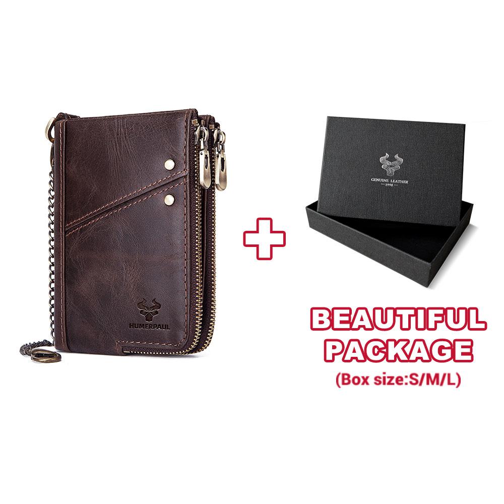 Humerpaul Echt leer RFID-blokkerende dubbele rits Herenportemonnee Bifold Slanke horizontale portemonnee
