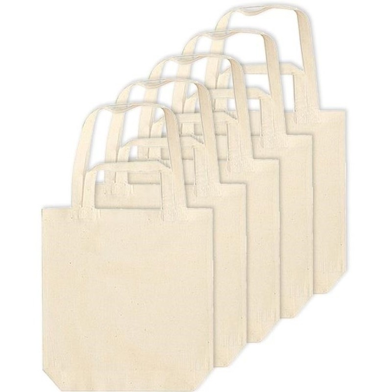 Merkloos 5x canvas tas met dubbel hengsel - beige - x cm- katoen - boodschappen draagtas/shopper -