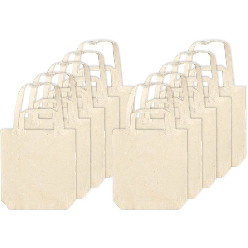 Merkloos 10x canvas tas met dubbel hengsel - beige - x cm- katoen - boodschappen draagtas/shopper -