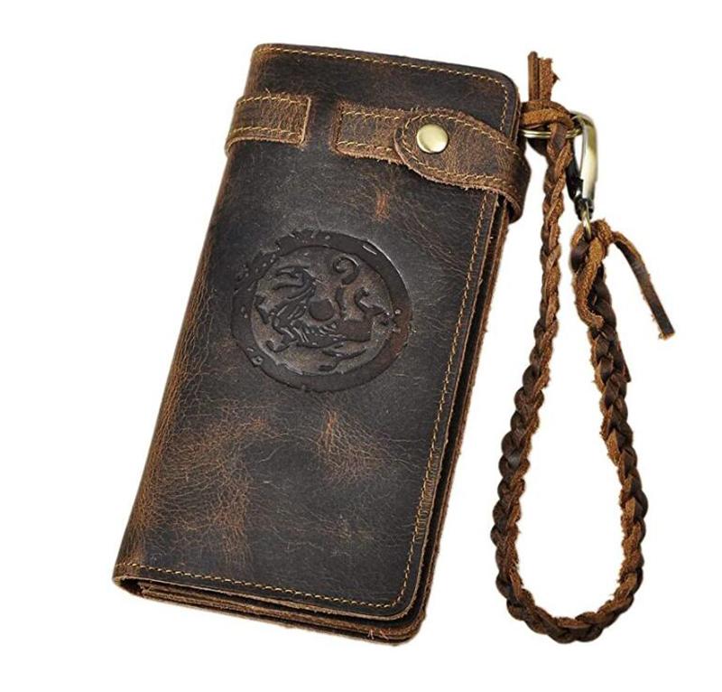 Leather Products Dikke topkwaliteit lederen ontwerp reiscadeau chequeboek keten organisator lange portemonnee portemonnee clutch voor heren mannelijk bruin