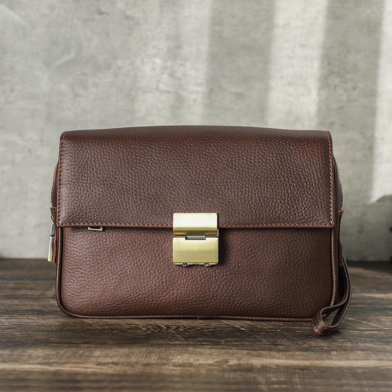 CONTACTS Echt leren heren clutch met wachtwoordvergrendelingsontwerp, volnerf koeienleren clutch, grote capaciteit, herenhandtas koffie