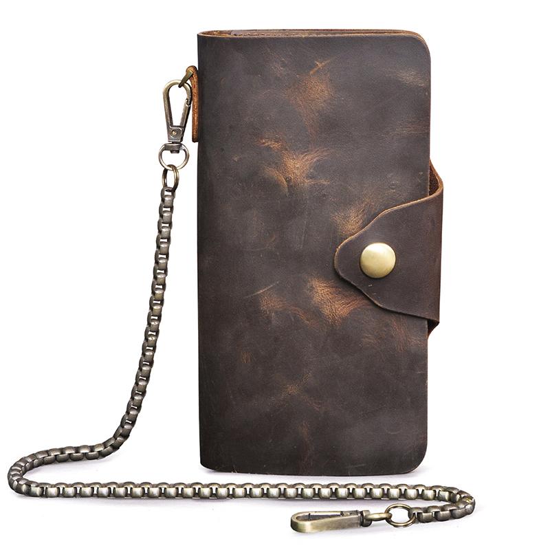 Leather Products Heren Kwaliteitsleer Designer Organizer Visitekaartjeshouder Chequeboek Lange Ketting Eenvoudige Heren Portemonnee Portemonnee bruin