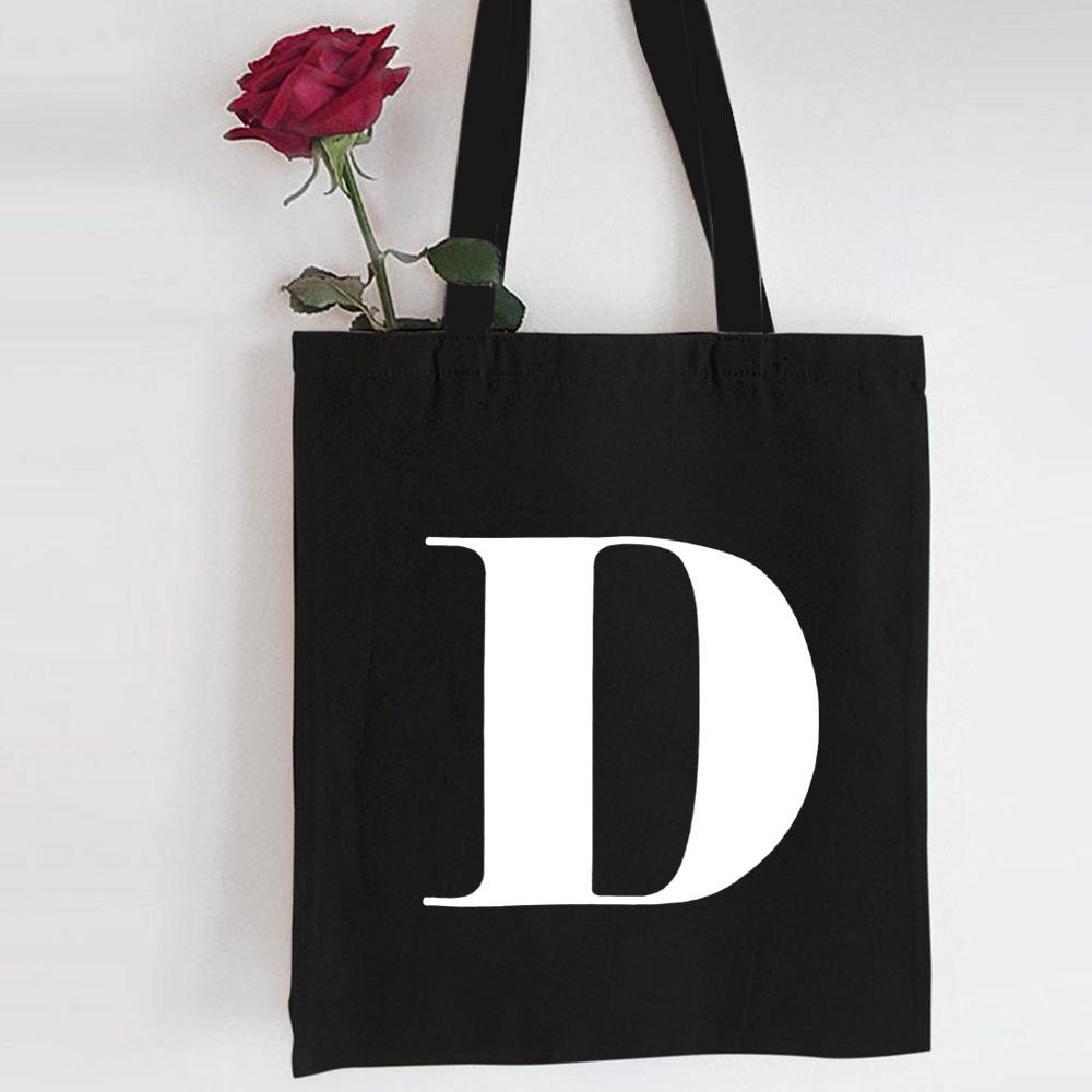Jiangkao Engels alfabet letter boodschappentas gepersonaliseerde tote canvas zwarte tas Harajuku hoge capaciteit dames handtas herbruikbare shopper