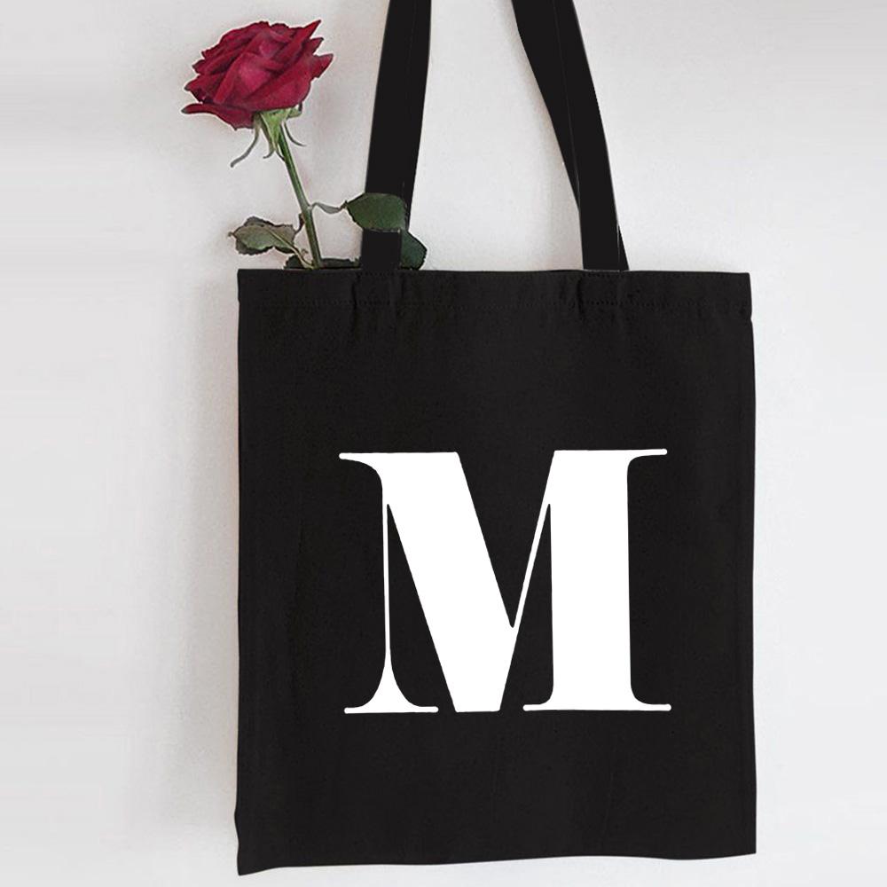 Jiangkao Engels alfabet letter boodschappentas gepersonaliseerde tote canvas zwarte tas Harajuku hoge capaciteit dames handtas herbruikbare shopper