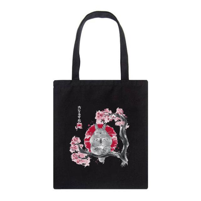 Aidegou17 Fat Totoro Leuke Print Herbruikbare Boodschappentas Dames Tote Bags Afdrukken Eco Bag Cartoon Shopper Vintage Zwarte Schouder Canvas Tassen 29*32cm