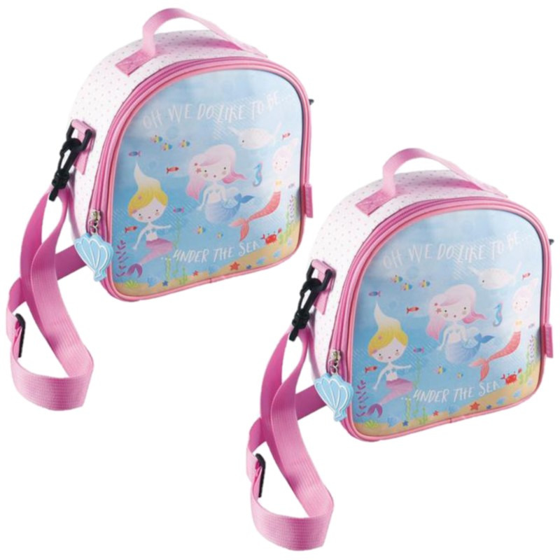 Floss & Rock Set van 2x stuks kleine koeltassen voor lunch wit/roze met zeemeerminnen print 9 x 22 x 22 cm 4 -