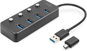 Digitus DA-70247 4 Port USB 3.0-Hub drehbar, einzeln schaltbar, LED-Anzeige Dunkelgrau