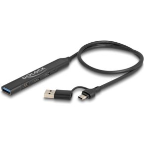 Delock 4 Port Slim USB Hub with USB Type-C™ or USB Type-A to 3 x USB 5 Gbps USB Type-C™ + 1 x USB 5 Gbps Type-A