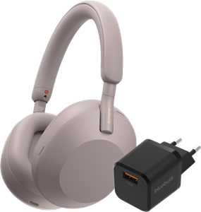 Sony WH-1000XM5 Roze + BlueBuilt Quick Charge Oplader met Usb A Poort 18W Zwart
