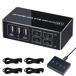 Tonttu House ELEVIEW KVM-switch 4K HDMI USB-switch 4 poorten 4 delen Eenvoudige verbinding Geen driver vereist Handmatige schakelaar USB-kabel meegeleverd (voor pc's) 4K@60Hz HDMI2.0