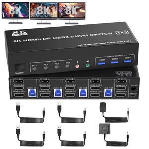 Tonttu House HDMI KVM switcher 3 monitors 4 USB triple monitor switcher Switcher for 4 computers sharing 3 monitors and 3 USB audio keyboard and mouse 8K@60Hz