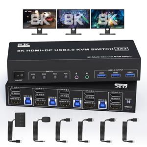 Tonttu House 2 HDMI KVM switcher 3 monitors 4 USB triple monitor switcher Switcher for 4 computers sharing 3 monitors and 3 USB audio keyboard and mouse 8K@60Hz