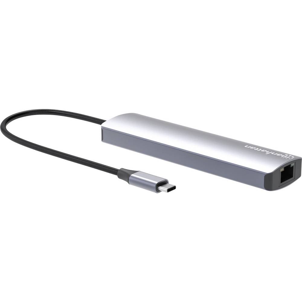 Manhattan USB-C PD 6-in-1 4K Dockingstation Hub USB-C-Stecker auf HDMI-Port 3xUSB RJ45 Laptopdockingstation Incl. laadfunctie, USB-C Power Delivery