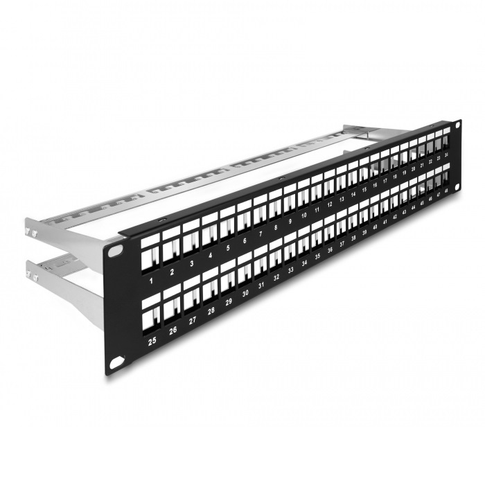 DeLOCK 19 inch patch panel met kabelgeleiding | voor 48 Keystone modules | 2U | zwart