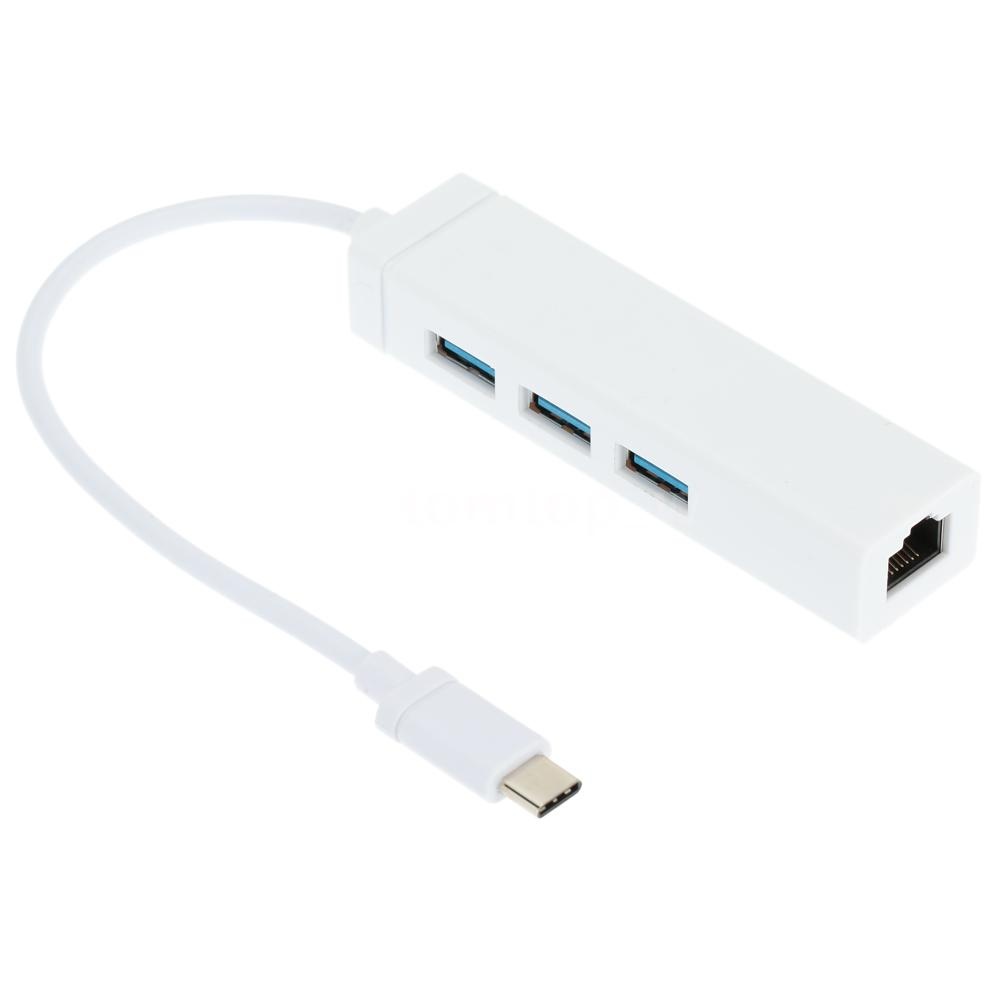 Coretek USB-C naar 3x USB-A hub&Fast Ethernet LAN adapter - USB3.0 - CAT5 / wit - 0,15 meter
