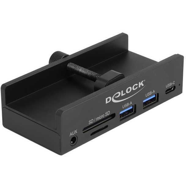 DeLOCK Externe USB 5 Gbps hub met 3 poorten 2 x USB Type-A, 1 x USB Type-C™ en kaartlezer met 2 sleuven met borgschroef USB-hub