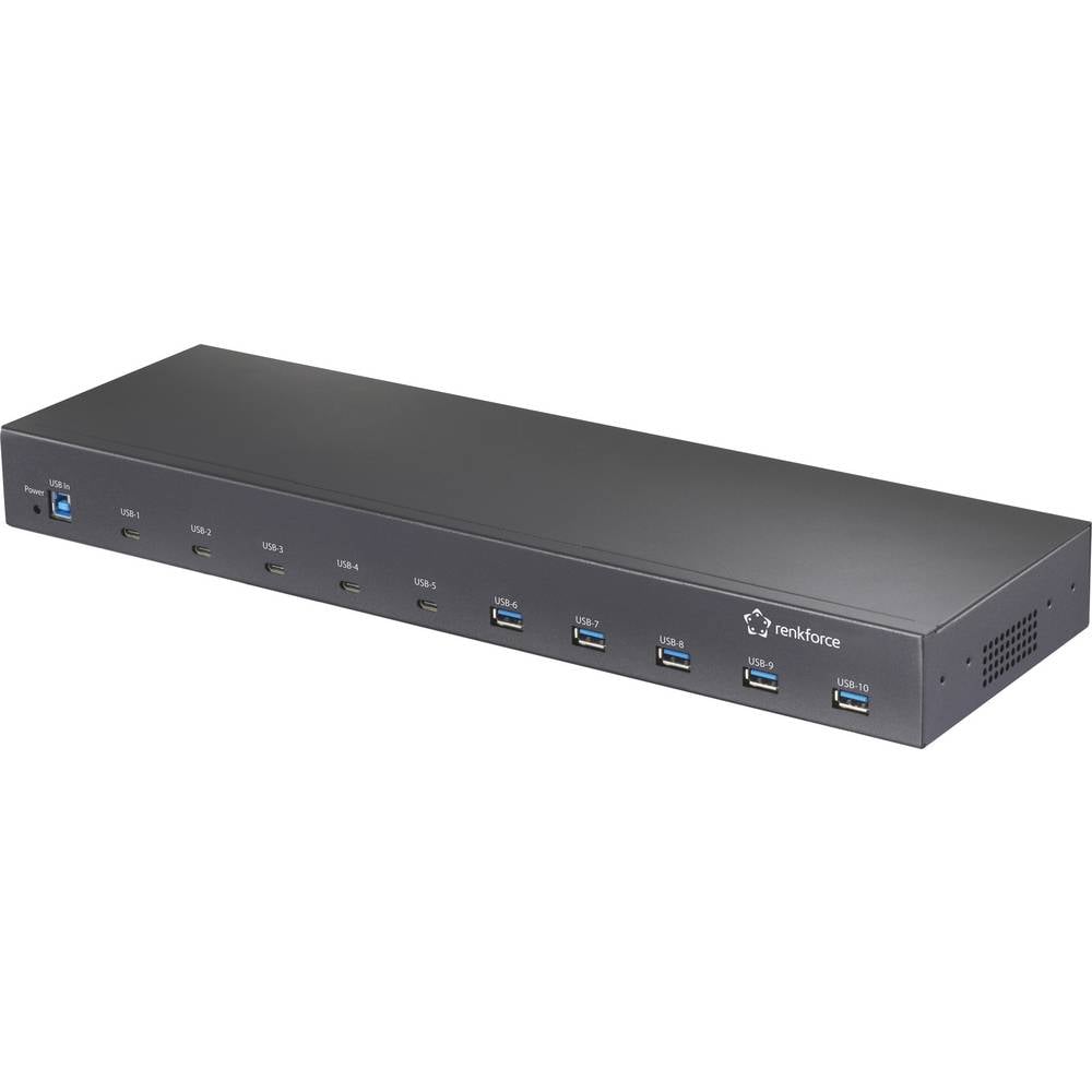 Renkforce 483 mm (19) Rack Mount 10-Port USB 3.2 Gen 2 Hub USB 3.2 Gen 2-hub Voor industriële toepassingen, Rackmontage mogelijk, Met metalen behuizing Zwart