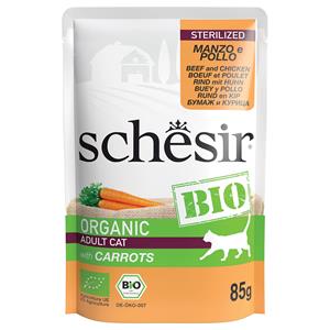 8x85g Schesir Organic Pouch Gesteriliseerd Biologisch Rundvlees en Biologische Kip natvoer voor katten