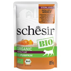 8x85g Schesir Organic Pouch Gesteriliseerd Biologisch Kip en Biologisch Varken nat kattenvoer