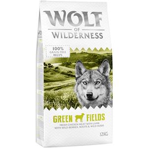 12 kg Wolf of Wilderness droogvoer + 6 x 300 g natvoer gratis! - Adult "Green Fields" Lam - Graanvrij (12kg) + Adult Mixpakket: Rund, Kalkoen, Lam (6 x 300g)
