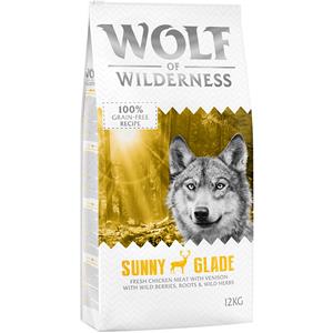 12 kg Wolf of Wilderness droogvoer + 6 x 300 g natvoer gratis! - Adult "Sunny Glade" Hert - Graanvrij (12kg) + Adult Mixpakket: Rund, Kalkoen, Lam (6 x 300g)