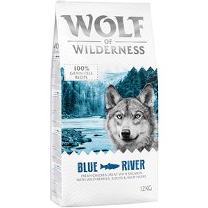 12 kg Wolf of Wilderness droogvoer + 6 x 300 g natvoer gratis! - Adult "Blue River" Zalm - Graanvrij (12kg) + Adult Mixpakket: Rund, Kalkoen, Lam (6 x 300g)