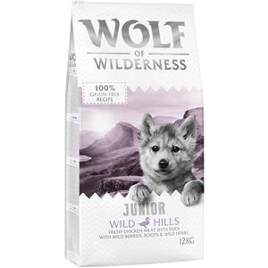 12 kg Wolf of Wilderness droogvoer + 6 x 300 g natvoer gratis! - Junior "Wild Hills" Eend - Graanvrij (12kg) + Adult Mixpakket: Rund, Kalkoen, Lam (6 x 300g)
