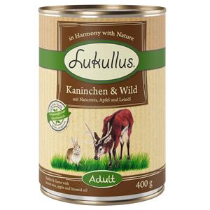 Lukullus Voordeelpakket  24 x  400 g - Combinatie IV: Konijn & Kalkoen, Rund & Kalkoen, Kalkoenhartjes & Gans, Konijn & Wild