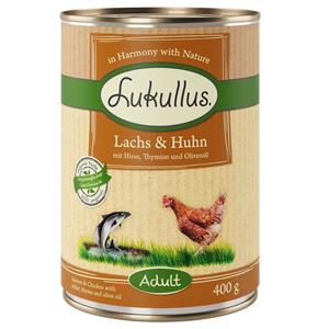 Lukullus Probeerpakket 6 x 400 g/800 g + 12 x 5 cm Kauwbotten Hondenvoer - Zalm & Kip 6 x 400 g