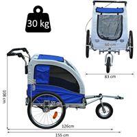 pawhut Hundetransporter Fahrradanhänger oder Schiebewagen | 600D Oxford, Stahl | 130 x 90 x 110 cm | Grau, Blau - 