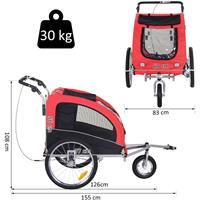 pawhut Hundetransporter Fahrradanhänger oder Schiebewagen | 600D Oxford, Stahl | 130 x 90 x 110 cm | Rot, Schwarz - 