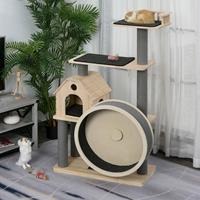 PawHut kattenboom, multifunctioneel, met loopwiel, 4 verdiepingen, sisalpalen, stevig massief hout, 120 x 50 x 150 cm, grijs | Aosom.nl