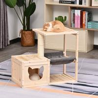 PawHut kattenhuis, luxe kattenboom met hangmat, sisal paal, stevig vurenhout, ideaal voor spelen en rusten, 60 x 40 x 120 cm, naturel | Aosom.nl