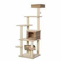 PawHut Kratzbaum mit Katzenhöhle Mehrstufiger Rattan Katzenbaum für Katzen Beige+Braun - 