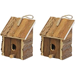 2x Broedhuizen/vogelhuisjes Vierkant Met Schuin Dak Naturel 9 X 11 X 16 Cm - Tuindecoratie - Tuindieren - Vogelhuisjes