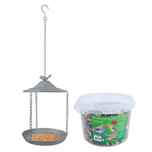 Best for Birds Metalen vogelbad/voederschaal hangend 30 cm met 4- seizoenen vogel strooivoer 2,5 kg -